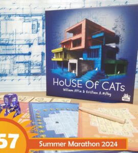 Board game "House of Cats" by William Attia and Kristian A. Østby displayed with game components, a blueprint background, and promotional details for Summer Marathon 2024.