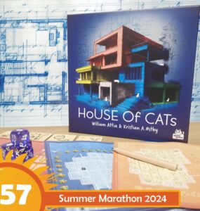 Board game "House of Cats" by William Attia and Kristian A. Østby displayed with game components, a blueprint background, and promotional details for Summer Marathon 2024.