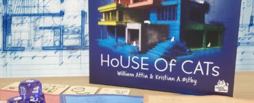 Board game "House of Cats" by William Attia and Kristian A. Østby displayed with game components, a blueprint background, and promotional details for Summer Marathon 2024.