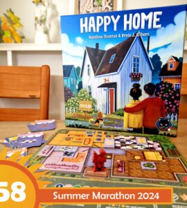 Image of the board game "Happy Home" by Matthew Dunstan and Brett J. Gilbert, featuring colorful artwork of a sold house and game pieces on a vibrant game board. The scene includes cards and tokens, with a summer marathon event label in the corner.