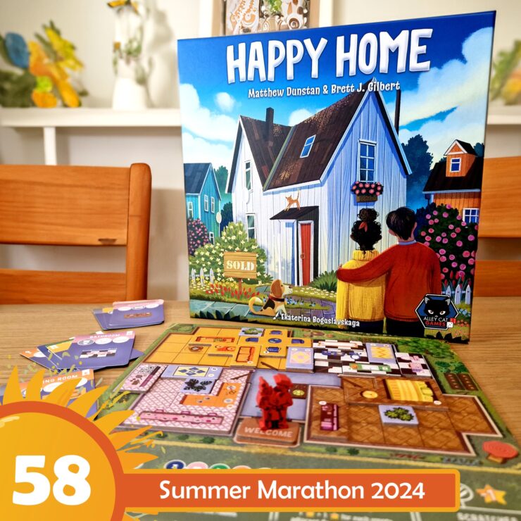 Image of the board game "Happy Home" by Matthew Dunstan and Brett J. Gilbert, featuring colorful artwork of a sold house and game pieces on a vibrant game board. The scene includes cards and tokens, with a summer marathon event label in the corner.