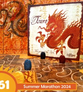 Alt text: Tsuro board game displayed with vibrant dragon artwork, featuring game pieces in blue and red on a winding path. Background includes intricate patterns and the title "Summer Marathon 2024" in the corner, emphasizing a gaming event theme.