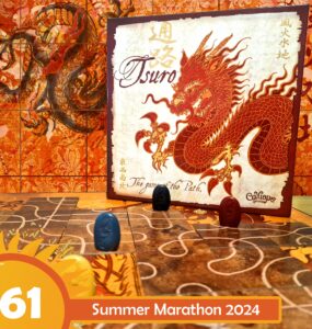 Alt text: Tsuro board game displayed with vibrant dragon artwork, featuring game pieces in blue and red on a winding path. Background includes intricate patterns and the title "Summer Marathon 2024" in the corner, emphasizing a gaming event theme.