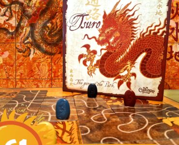 Alt text: Tsuro board game displayed with vibrant dragon artwork, featuring game pieces in blue and red on a winding path. Background includes intricate patterns and the title "Summer Marathon 2024" in the corner, emphasizing a gaming event theme.