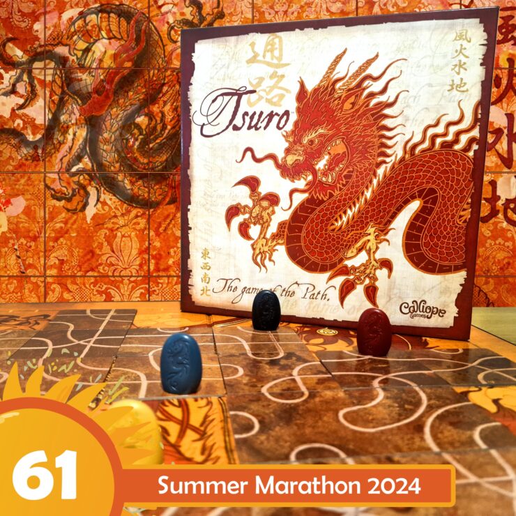 Alt text: Tsuro board game displayed with vibrant dragon artwork, featuring game pieces in blue and red on a winding path. Background includes intricate patterns and the title "Summer Marathon 2024" in the corner, emphasizing a gaming event theme.