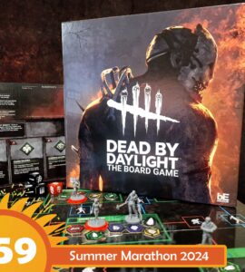 Dead by Daylight board game displayed prominently with game pieces and cards on a tabletop, featuring vibrant artwork and branding for the 2024 Summer Marathon event.