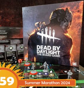 Dead by Daylight board game displayed prominently with game pieces and cards on a tabletop, featuring vibrant artwork and branding for the 2024 Summer Marathon event.