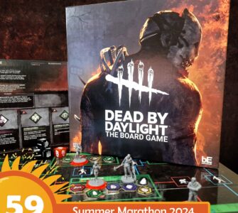 Dead by Daylight board game displayed prominently with game pieces and cards on a tabletop, featuring vibrant artwork and branding for the 2024 Summer Marathon event.