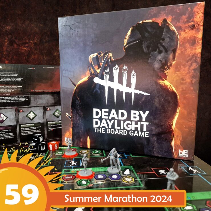 Dead by Daylight board game displayed prominently with game pieces and cards on a tabletop, featuring vibrant artwork and branding for the 2024 Summer Marathon event.