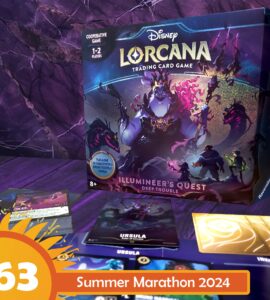 Disney Lorcana Trading Card Game: Illumineer's Quest - Deep Trouble box displayed with game cards featuring characters like Ursula. Ideal for 1-2 players aged 8 and up, perfect for cooperative gameplay. Summer Marathon 2024 event highlighted.