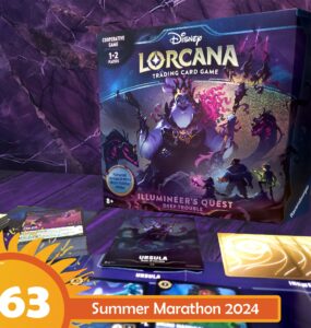 Disney Lorcana Trading Card Game: Illumineer's Quest - Deep Trouble box displayed with game cards featuring characters like Ursula. Ideal for 1-2 players aged 8 and up, perfect for cooperative gameplay. Summer Marathon 2024 event highlighted.