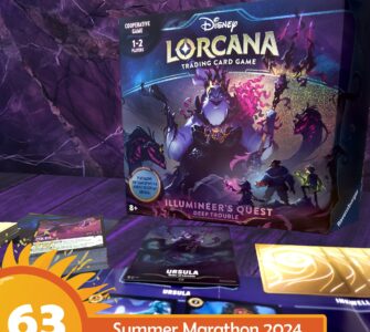 Disney Lorcana Trading Card Game: Illumineer's Quest - Deep Trouble box displayed with game cards featuring characters like Ursula. Ideal for 1-2 players aged 8 and up, perfect for cooperative gameplay. Summer Marathon 2024 event highlighted.