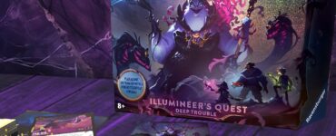Disney Lorcana Trading Card Game: Illumineer's Quest - Deep Trouble box displayed with game cards featuring characters like Ursula. Ideal for 1-2 players aged 8 and up, perfect for cooperative gameplay. Summer Marathon 2024 event highlighted.
