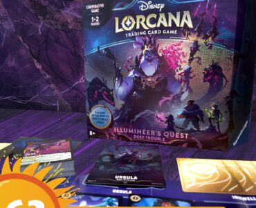 Disney Lorcana Trading Card Game: Illumineer's Quest - Deep Trouble box displayed with game cards featuring characters like Ursula. Ideal for 1-2 players aged 8 and up, perfect for cooperative gameplay. Summer Marathon 2024 event highlighted.