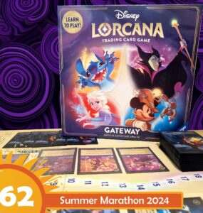 Disney Lorcana trading card game displayed with character illustrations of Stitch, Elsa, Maleficent, and Mickey Mouse, alongside game cards and a promotional banner for the Summer Marathon 2024.