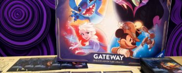Disney Lorcana trading card game displayed with character illustrations of Stitch, Elsa, Maleficent, and Mickey Mouse, alongside game cards and a promotional banner for the Summer Marathon 2024.