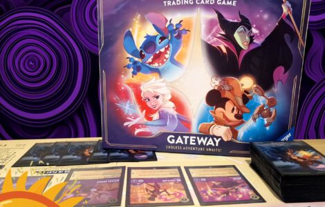 Disney Lorcana trading card game displayed with character illustrations of Stitch, Elsa, Maleficent, and Mickey Mouse, alongside game cards and a promotional banner for the Summer Marathon 2024.