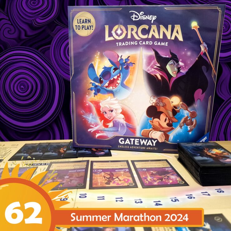 Disney Lorcana trading card game displayed with character illustrations of Stitch, Elsa, Maleficent, and Mickey Mouse, alongside game cards and a promotional banner for the Summer Marathon 2024.