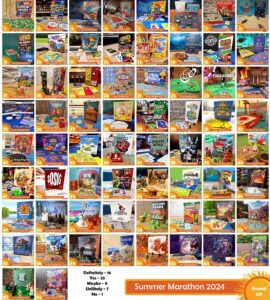 A colorful collage of various board games for the Summer Marathon 2024 event, featuring popular titles like Uno, DOS, and Skip-Bo, along with game categories indicating player preferences: Definitely, Yes, Maybe, Unlikely, and No. The image showcases an array of game boxes and setups, highlighting the diversity of games available for summer gatherings.
