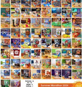 A colorful collage of various board games for the Summer Marathon 2024 event, featuring popular titles like Uno, DOS, and Skip-Bo, along with game categories indicating player preferences: Definitely, Yes, Maybe, Unlikely, and No. The image showcases an array of game boxes and setups, highlighting the diversity of games available for summer gatherings.