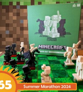 Minecraft-themed chess set displayed on a green chessboard, featuring detailed character pieces from the game. The box in the background showcases the set's artwork, highlighting the clash between Overworld heroes and hostile mobs. Ideal for gaming enthusiasts and chess lovers. Summer Marathon 2024 promotional banner in the foreground.