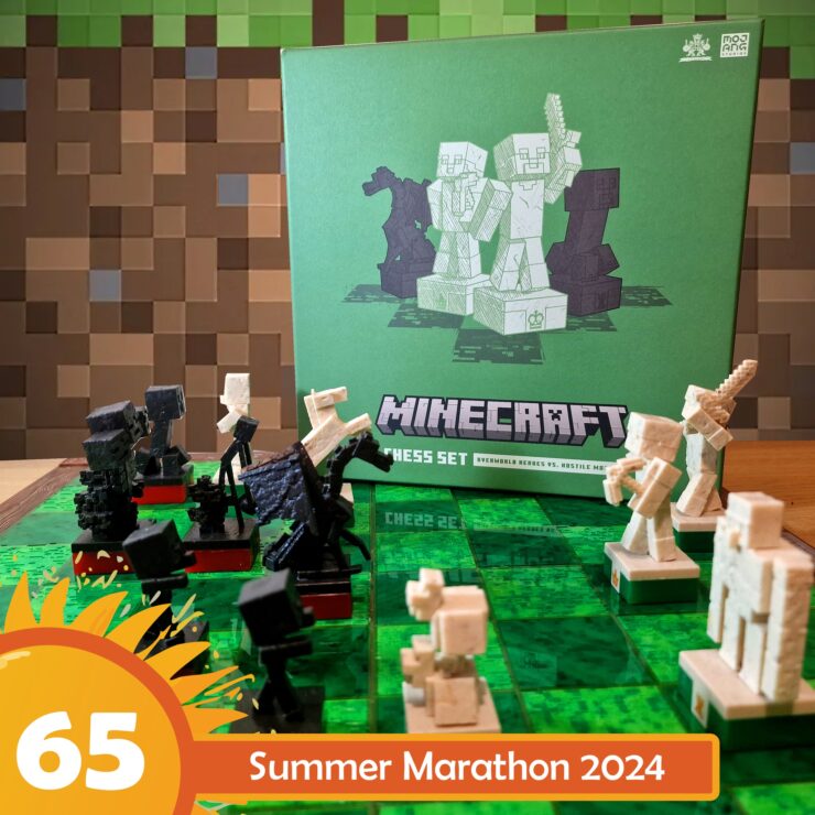 Minecraft-themed chess set displayed on a green chessboard, featuring detailed character pieces from the game. The box in the background showcases the set's artwork, highlighting the clash between Overworld heroes and hostile mobs. Ideal for gaming enthusiasts and chess lovers. Summer Marathon 2024 promotional banner in the foreground.