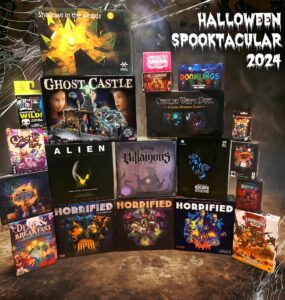 A collection of Halloween-themed board games for 2024, featuring titles like "Ghost Castle," "Alien: Fate of the Nostromo," "Villainous," and "Horrified." The image showcases a vibrant display with game boxes set against a spooky backdrop, perfect for Halloween enthusiasts and board game lovers.