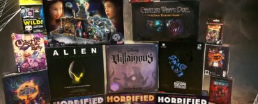 A collection of Halloween-themed board games for 2024, featuring titles like "Ghost Castle," "Alien: Fate of the Nostromo," "Villainous," and "Horrified." The image showcases a vibrant display with game boxes set against a spooky backdrop, perfect for Halloween enthusiasts and board game lovers.