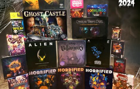 A collection of Halloween-themed board games for 2024, featuring titles like "Ghost Castle," "Alien: Fate of the Nostromo," "Villainous," and "Horrified." The image showcases a vibrant display with game boxes set against a spooky backdrop, perfect for Halloween enthusiasts and board game lovers.