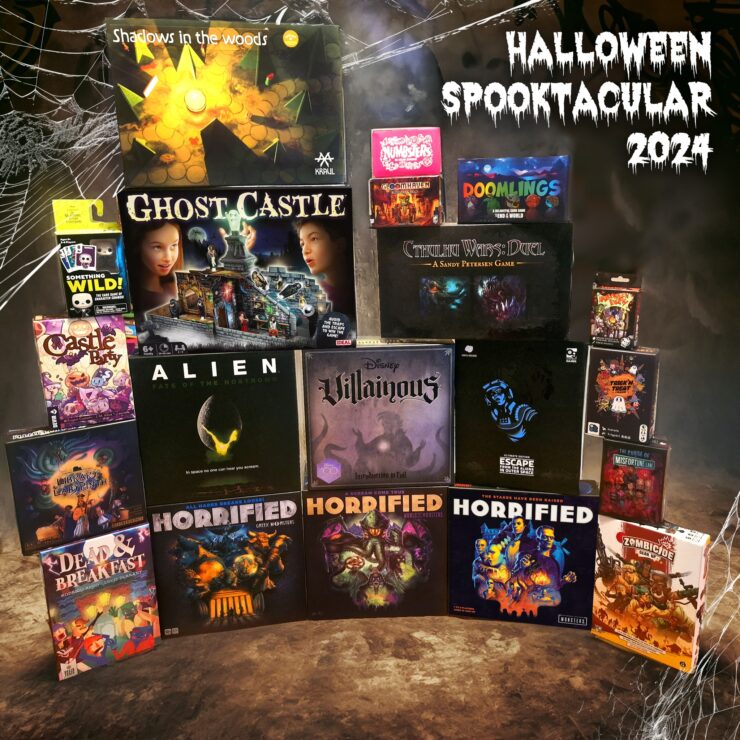 A collection of Halloween-themed board games for 2024, featuring titles like "Ghost Castle," "Alien: Fate of the Nostromo," "Villainous," and "Horrified." The image showcases a vibrant display with game boxes set against a spooky backdrop, perfect for Halloween enthusiasts and board game lovers.