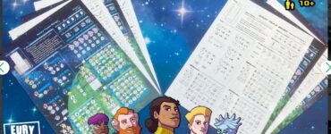 Colorful game sheets for "Away Team Bingo" displayed on a cosmic background, featuring character illustrations and various bingo patterns. Designed for 1-4 players, with a playtime of 15-30 minutes, suitable for ages 10 and up.