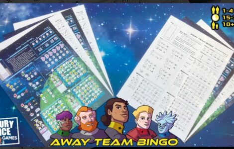 Colorful game sheets for "Away Team Bingo" displayed on a cosmic background, featuring character illustrations and various bingo patterns. Designed for 1-4 players, with a playtime of 15-30 minutes, suitable for ages 10 and up.