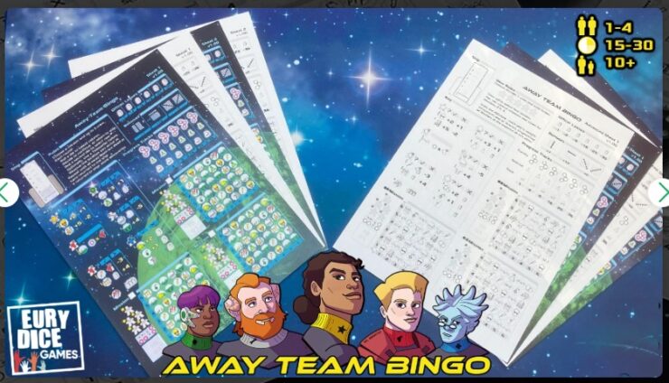 Colorful game sheets for "Away Team Bingo" displayed on a cosmic background, featuring character illustrations and various bingo patterns. Designed for 1-4 players, with a playtime of 15-30 minutes, suitable for ages 10 and up.