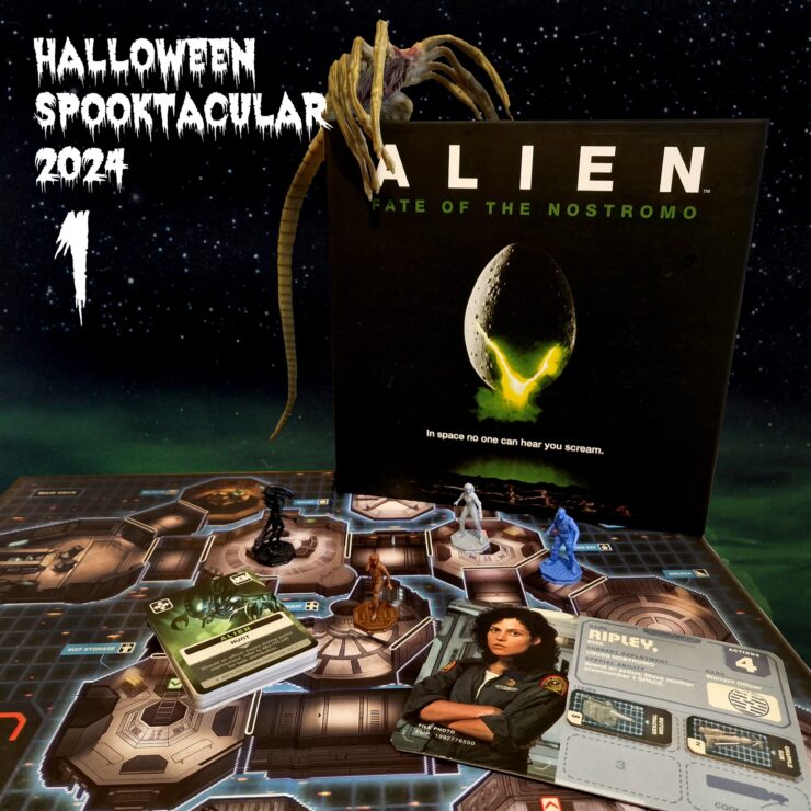 Alien Fate of the Nostromo board game setup with game pieces, character cards, and a detailed game board, featuring a backdrop of space. Halloween Spooktacular 2024 theme displayed prominently.