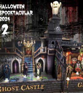 Halloween Spooktacular 2024 features a detailed Ghost Castle playset, complete with spooky decorations, characters, and a ghostly figure atop the turret, perfect for festive celebrations and creative play.