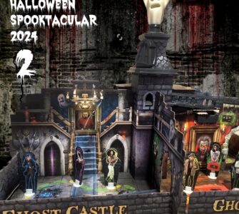 Halloween Spooktacular 2024 features a detailed Ghost Castle playset, complete with spooky decorations, characters, and a ghostly figure atop the turret, perfect for festive celebrations and creative play.