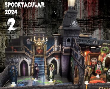 Halloween Spooktacular 2024 features a detailed Ghost Castle playset, complete with spooky decorations, characters, and a ghostly figure atop the turret, perfect for festive celebrations and creative play.