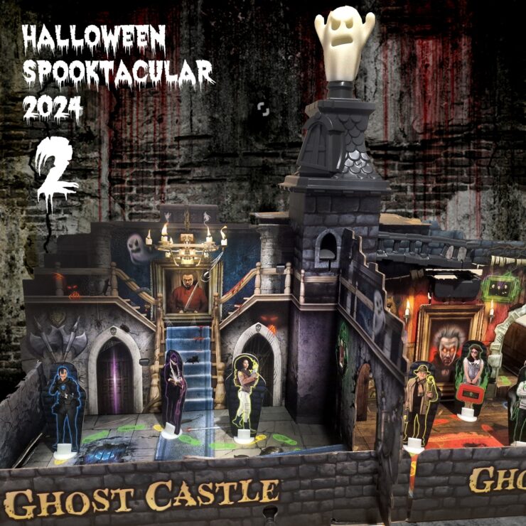 Halloween Spooktacular 2024 features a detailed Ghost Castle playset, complete with spooky decorations, characters, and a ghostly figure atop the turret, perfect for festive celebrations and creative play.