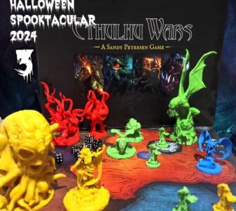 Cthulhu Wars board game setup featuring colorful miniatures in red, yellow, green, and blue, with the game box prominently displayed. The scene is themed for Halloween 2024, showcasing various game components like dice and a game board, capturing the essence of strategic gameplay in a Lovecraftian universe.