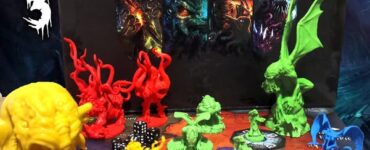 Cthulhu Wars board game setup featuring colorful miniatures in red, yellow, green, and blue, with the game box prominently displayed. The scene is themed for Halloween 2024, showcasing various game components like dice and a game board, capturing the essence of strategic gameplay in a Lovecraftian universe.