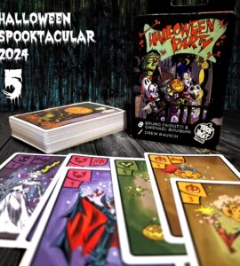 Halloween Spooktacular 2024 card game featuring colorful illustrated cards and a themed box, designed by Bruno Faidutti, Gwenaël Bouquin, and Drew Rausch. The image shows the card deck alongside several game cards depicting spooky characters and Halloween motifs, set against a dark, textured background. Ideal for festive game nights and Halloween celebrations.