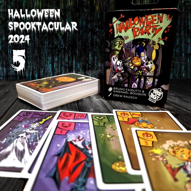 Halloween Spooktacular 2024 card game featuring colorful illustrated cards and a themed box, designed by Bruno Faidutti, Gwenaël Bouquin, and Drew Rausch. The image shows the card deck alongside several game cards depicting spooky characters and Halloween motifs, set against a dark, textured background. Ideal for festive game nights and Halloween celebrations.