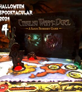 Cthulhu Wars: Duel board game displayed during the Halloween Spooktacular 2024 event, featuring intricate game pieces and a colorful map highlighting locations like Innsmouth and Rockport. The backdrop showcases eerie artwork related to the game, emphasizing its Lovecraftian theme.