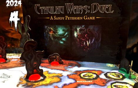 Cthulhu Wars: Duel board game displayed during the Halloween Spooktacular 2024 event, featuring intricate game pieces and a colorful map highlighting locations like Innsmouth and Rockport. The backdrop showcases eerie artwork related to the game, emphasizing its Lovecraftian theme.