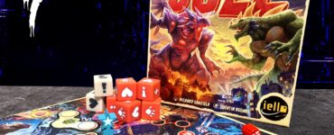 Image of the board game "King of Tokyo Duel," featuring the game box, colorful dice, and game pieces on a vibrant game board. The image includes Halloween-themed text for the "Halloween Spooktacular 2024" event. Ideal for promoting 2-player tabletop gaming experiences.