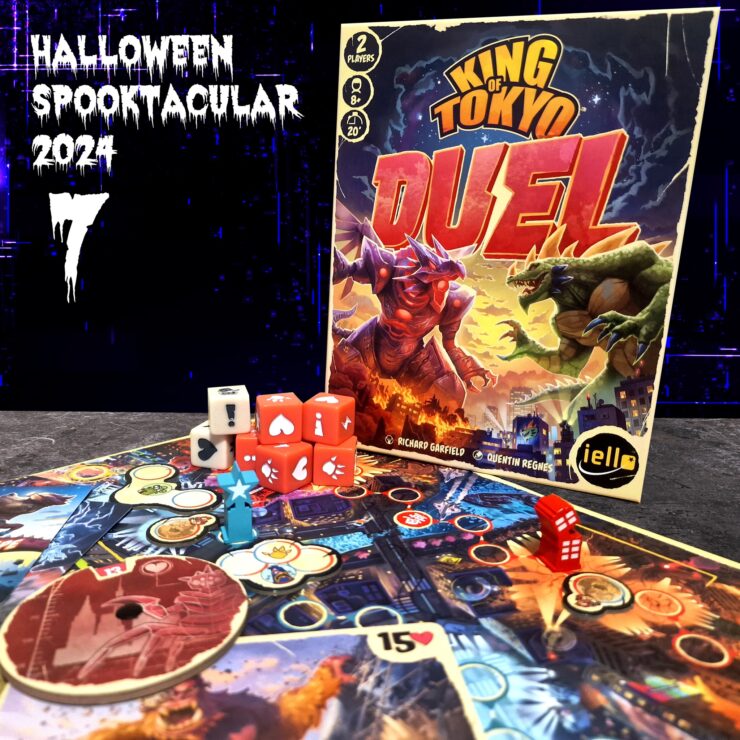 Image of the board game "King of Tokyo Duel," featuring the game box, colorful dice, and game pieces on a vibrant game board. The image includes Halloween-themed text for the "Halloween Spooktacular 2024" event. Ideal for promoting 2-player tabletop gaming experiences.