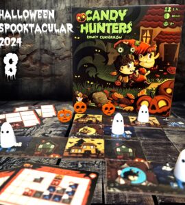 Colorful board game "Candy Hunters" displayed for Halloween 2024, featuring game pieces including pumpkins and ghosts on a textured wooden surface. The game is designed for 1 to 4 players, suitable for ages 8 and up, with a playtime of 30 minutes.