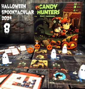 Colorful board game "Candy Hunters" displayed for Halloween 2024, featuring game pieces including pumpkins and ghosts on a textured wooden surface. The game is designed for 1 to 4 players, suitable for ages 8 and up, with a playtime of 30 minutes.