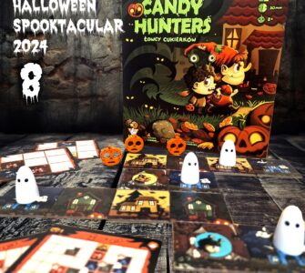 Colorful board game "Candy Hunters" displayed for Halloween 2024, featuring game pieces including pumpkins and ghosts on a textured wooden surface. The game is designed for 1 to 4 players, suitable for ages 8 and up, with a playtime of 30 minutes.