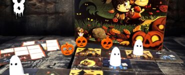 Colorful board game "Candy Hunters" displayed for Halloween 2024, featuring game pieces including pumpkins and ghosts on a textured wooden surface. The game is designed for 1 to 4 players, suitable for ages 8 and up, with a playtime of 30 minutes.